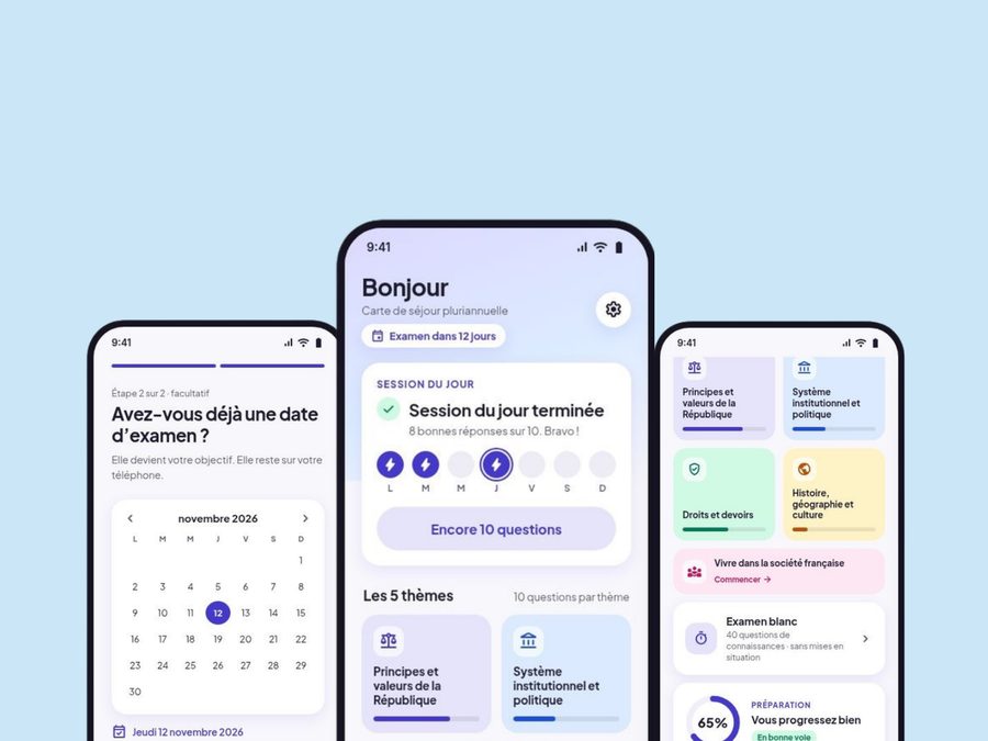 Three Eclair app screens: the exam date picker, the completed daily session, and the 5 exam themes with progress.