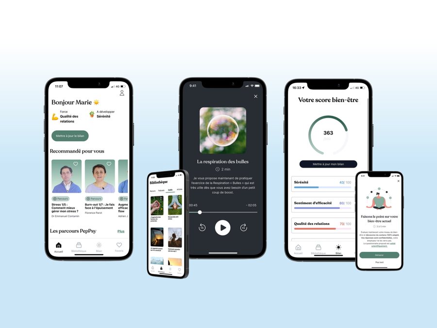 Four PepPsy app screens: the home screen, the library, a breathing exercise, and the well-being score.