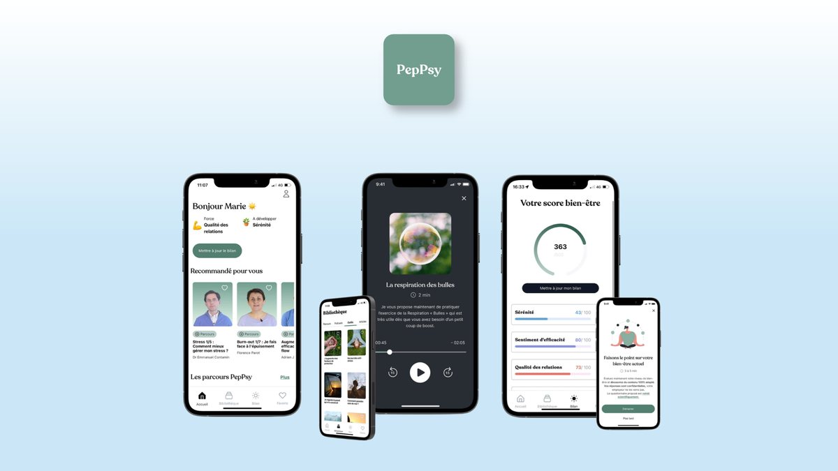 PepPsy app logo above four phone screens: the home screen ("Bonjour Marie"), the library, a 2-minute breathing exercise, and the well-being score.